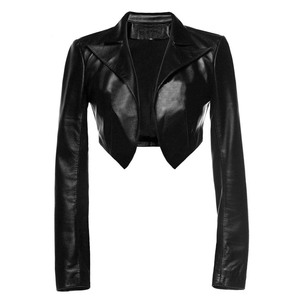 Chaqueta de motorista recortada de piel sintética negra para mujer, estilo Moto corto con cintura con cinturón y cuello de solapa - Product Image 3