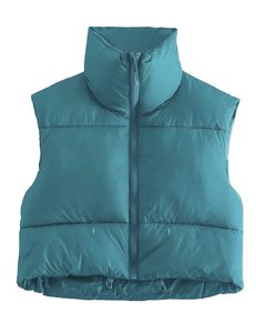 Chaqueta acolchada de cuello alto informal para mujer con capucha corta sin mangas, chaleco acolchado impermeable con cremallera transpirable - Product Image 6