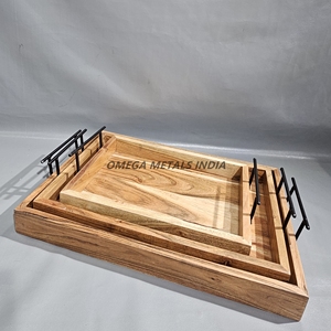 Ensemble de plateaux en bois rustiques avec poignées en fer solides et design élégant en grain naturel pour la maison et le café - Product Image 1