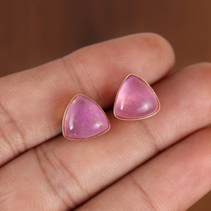Pendientes de Calcedonia Rosa, Plata de Ley 925, Chapados en Oro, Corte Triangular, Estilo Minimalista, Regalo de Boda para Mujer - Product Image 1