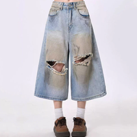 Shorts en jean délavé Y2K, style baggy, longueur genou, déchirés, jorts vintage peints à la main, demi-jeans pour femmes