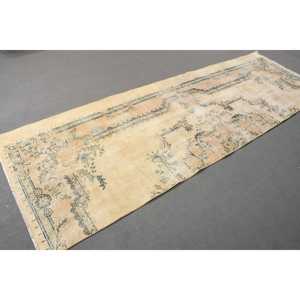 Alfombra Vintage, Alfombra Turca de 3.5x10.6 pies, Alfombra Marroquí de Lana Amarilla y Azul - Product Image 3