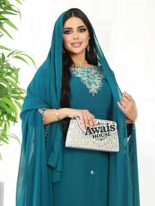 Women's Ethnic Lightweight <b>Plus</b> <b>Size</b> Floor-Length Hand Beaded Sequined High Neck Long Sleeve Georgette Flared Hem <b>Kaftan</b> Abaya - Product Image 2