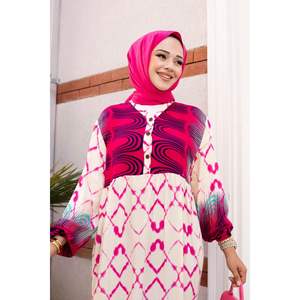 Fuchsia Water Patterned <b>Viscose</b> Hijab Modest <b>Dress</b> - Product Image 4