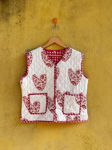 Handblock Red Heart Quilted Vest | Cotton Sleeveless Jacket For <b>Women</b> | Boho <b>White</b> <b>Waistcoat</b> - Product Image 2