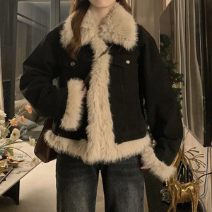 Krisstargirls 2025 Automne Manteau pour femme en fausse fourrure noire à col montant, manches longues, chaud, décontracté, quotidien, tendance - Product Image 1