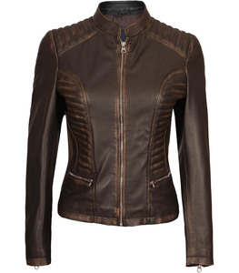 Chaqueta de cuero genuino para mujer de alta calidad para invierno, bolsillo con cremallera lateral, Color marrón, chaquetas de cuero de vaca para mujer - Product Image 6