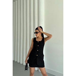 Conjunto de Chaleco y Falda Corta de Lino Jacquard para Mujer, Color Negro - Product Image 5