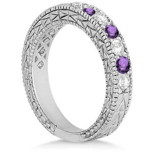 Bague de mariage en or blanc 14 carats avec diamant et améthyste anciens, bijoux en diamant de 1,05 carat - Product Image 2