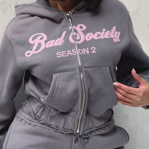 Chándal de moda personalizado de alta calidad para mujer, forro polar de algodón blanco con estampado de soplo, pantalones de chándal recortados con capucha para invierno - Product Image 2