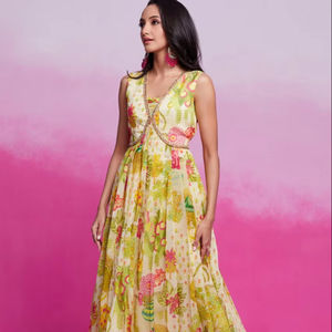 Vestido de Georgette de imitación con estampado Digital de estilo tradicional para mujer, Ropa Étnica completamente cosida, microforro, tallas disponibles para India - Product Image 1