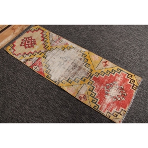 Vintage Rug, 1.9x5.1 ft Small Turkish Rug, Herki <b>Yellow</b> Red Geometric Rug - Product Image 4