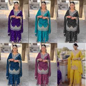 Alta calidad, venta al por mayor, Damas Indias, Salwar Kameez, Color azul marino, ropa de fiesta, traje Sharara Gharara, estilo indio pakistaní - Product Image 3