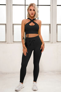 Tenue Legging évasé deux pièces Yoga Set Outfit femmes une épaule soutien-gorge vague vêtements de sport entraînement Fitness femmes Sport ensemble - Product Image 4