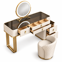 Ensemble de table de maquillage matelassée de luxe avec miroir rond LED, 3 tiroirs, chaise rembourrée, taille et couleur personnalisées, garantie de 2 ans