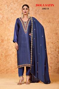 Elegante conjunto Kurti de 3 piezas en puro satén Dola con intrincados bordados y trabajo hecho a mano perfecto para ocasiones festivas y de fiesta - Product Image 5