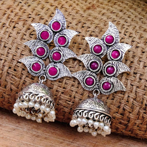 Best Selling High Quality Oxidised <b>Silver</b> Pearl <b>Jhumka</b> Stud Earrings Geometric Pattern Modern Women's for Every Occasion - Product Image 1