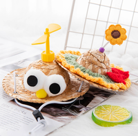 ELEVE Sombrero de Sol de Invierno para Perros y Gatos, Transpirable, Divertido, con Hélices, de Paja Tejida, con Patrón Geométrico, Ajustable, Lindo Disfraz de Animal de Dibujos Animados