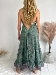 เดรสยาวลำลองพิมพ์ลายดอกไม้ คอวีลึก ไร้แขน เปิดหลัง แต่งระบาย ผ้าฝ้าย 100% คุณภาพดีที่สุดสำหรับฤดูร้อน - Product Image 3