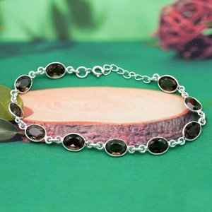 Pulsera de cuarzo ahumado de Plata de Ley 925, cadena de joyería de boda delicada minimalista y pulsera de eslabones, regalo para su aniversario - Product Image 2