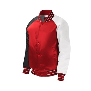 Red & White Casual Winter Baseball Varsity Coated <b>Canvas</b> <b>Jacket</b> with Stand Collar and Front Logo - Product Image 2