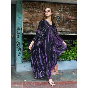 <b>Women</b> Black Purple Tie Dye Kaftan Maxi Dress V Neck Loose Fit Kaftan Long Sleeve Boho <b>Resort</b> <b>Wear</b> - Product Image 3