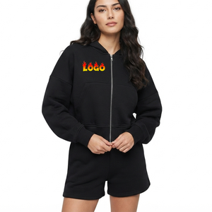 OEM Custom Embroidered <b>Crop</b> <b>Top</b> <b>Black</b> Zip Up Hoodies <b>Women</b> Sweatshirt Winter and Autumn Fleece Hoody <b>for</b> <b>Women</b> - Product Image 1