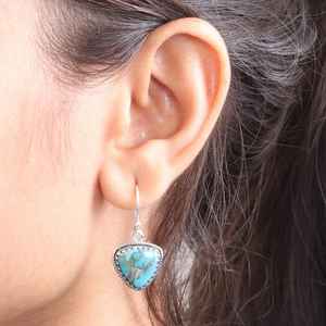 Superb Blue Copper Turquoise Gemstone Trillion Cabochon Vintage Baho Solid 925 Sterling <b>Silver</b> Plated <b>Dangle</b> Drop Womens <b>Earring</b> - Product Image 3