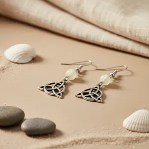 Pendientes Colgantes de Plata 925 con Nudo Celta y Perla Sintética Blanca, Estilo Vintage Geométrico para Mujer, Uso Diario - Product Image 1