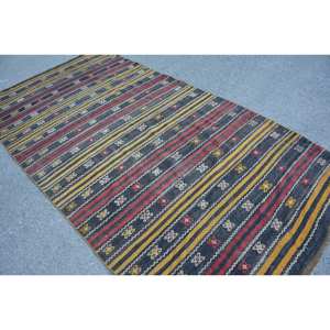 พรมขนสัตว์สไตล์ตุรกีโบราณขนาด5'1x10'1ฟุตทรงสี่เหลี่ยมผืนผ้าขนาดใหญ่สีดำสีเหลืองแบบดั้งเดิมสำหรับวัยรุ่น - Product Image 4