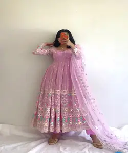 Desainer georgette bordir urutan kerja salwar kameez setelan pesta pakaian grosir harga garmen etnik