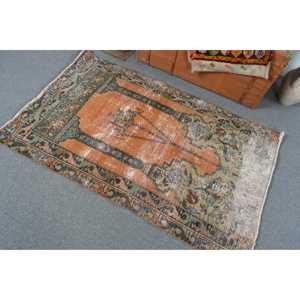 Tapis turc vintage en laine, patchwork écologique, tapis Ombré 3,2x5,1 pieds, orange vert, avec support en latex - Product Image 4