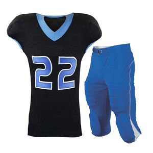 2025 uniforme de football américain pour hommes en gros de qualité supérieure maillot bleu imprimé jeunesse avec ensembles respirants au design noir - Product Image 1