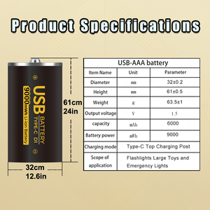 Batterie de lampe torche cylindrique Li-Ion <span class=keywords><strong>rechargeable</strong></span> USB Type-C VICTPOWER <span class=keywords><strong>D</strong></span>-9000 <span class=keywords><strong>D</strong></span> taille <span class=keywords><strong>D</strong></span> 1,5 V 9000 mWh 6000 mAh certifiée CE/FCC - Product Image 2