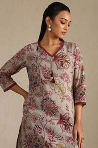 Haut de gamme qualité Vintage a-ligne lumière brodé Beige lin botanique imprimé Kurti jumelé pantalon naturel taux de gros - Product Image 3