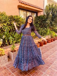 Tela de Georgette con estampado Floral, maxivestido de fiesta Anarkali con cinturón lateral, aspecto occidental, 2022 - Product Image 2