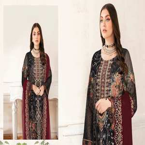 Ramsha Volume NAYAB porte Original de marque pakistanaise 3 pièces en mousseline de soie non cousue Salwar Kameez lourd brodé multi indien - Product Image 6