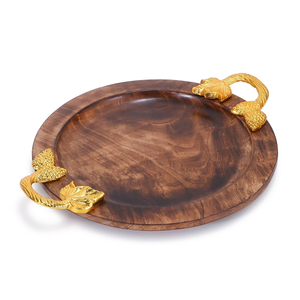 Best-seller Plateau de service en bois avec poignées en métal Design feuille Dessert Petit-déjeuner Plateau de service en bois Style indien - Product Image 1