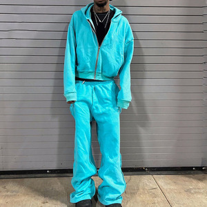 Y2K Streetwear ácido lavado hombres chándal conjunto desgastado bordado apliques Sudadera con capucha pantalones de chándal holgados otoño grueso 3D estampado deportivo - Product Image 4