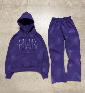 Conjunto de pantalones de chándal y Sudadera con capucha y lavado ácido Distress personalizado, chándal Vintage, chándal Sweat Stack Flare Pant, traje para hombre - Product Image 3