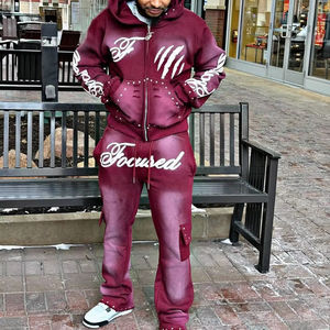 Ensemble de survêtement pour homme en coton de haute qualité, style streetwear, délavé à l'acide, avec sweat à capuche zippé et pantalon de survêtement, effet délavé au soleil - Product Image 1