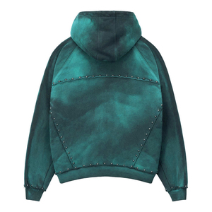 Sudadera con cremallera OEM personalizada, efecto desgastado, estilo urbano, funcional, lavado ácido, para hombre, con remaches, pedrería, de gran gramaje, 100% algodón - Product Image 6