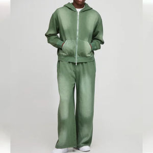 Acid Wash Sweat Suits Cotton Thick Zip up Applique <b>Embroidery</b> Patch Flared Full Tracksuits Hoodies and Sweatpants <b>Sets</b> for Men - Product Image 4