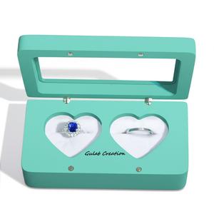 Caja de anillo de madera amarilla para bodas, soporte para portador de anillo de doble corazón para ceremonias de compromiso, hecho a mano con decoración de madera - Product Image 3