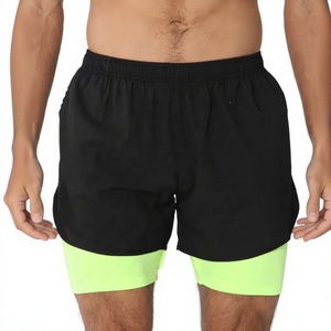 Men's Eco-Friendly Solid Black Running Shorts With Neon Green Inner <b>Layer</b> Quick Dry Elastic Waist Sporty Style Short Length - Product Image 1