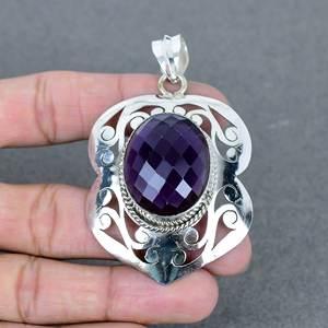 Colgante de piedras preciosas de corte ovalado de latón amatista azul hecho a mano, conector Chapado en plata 925 para ropa de fiesta, collar con colgante - Product Image 1