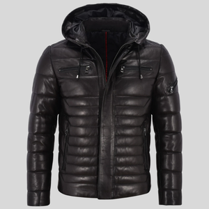Chaqueta de motorista completamente acolchada con capucha de piel de cordero auténtica para hombre - Product Image 1