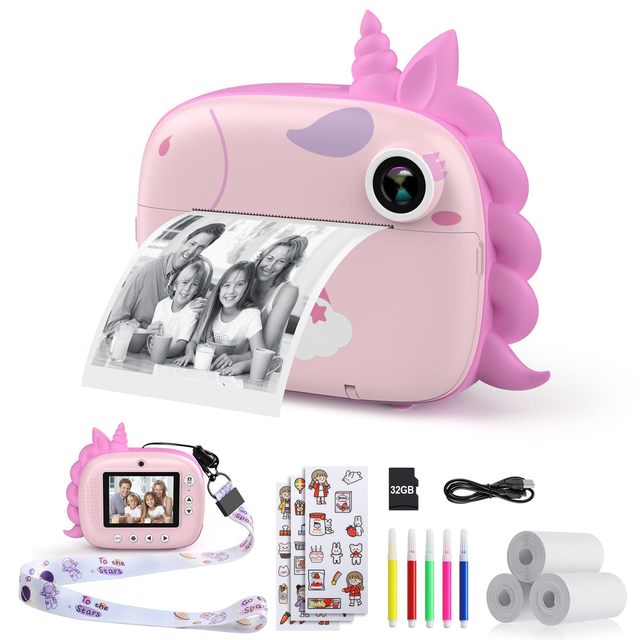 Kids Instant Print Digital Camera Full HD 10x-20x Optical Zoom No Ink Print Paper 32G TF Card Selfie Video Color Pens DIY