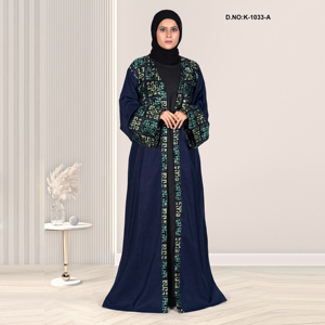 Luxury Linen Embroidered Open-Front Abaya for <b>Women</b> | Modest Plus Size Floor Length Abaya with Ethnic Work Evening Party Wear - Product Image 1