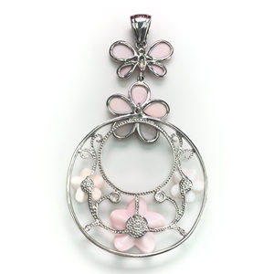 Collier pendentif papillon et fleurs en acier inoxydable plaqué rhodium avec diamant et perle - Product Image 3